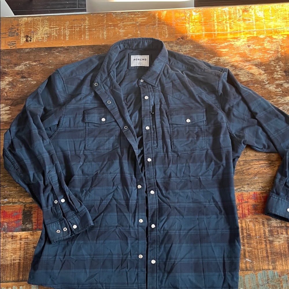 Poncho Navy Blue Plaid Button-Up Shirt